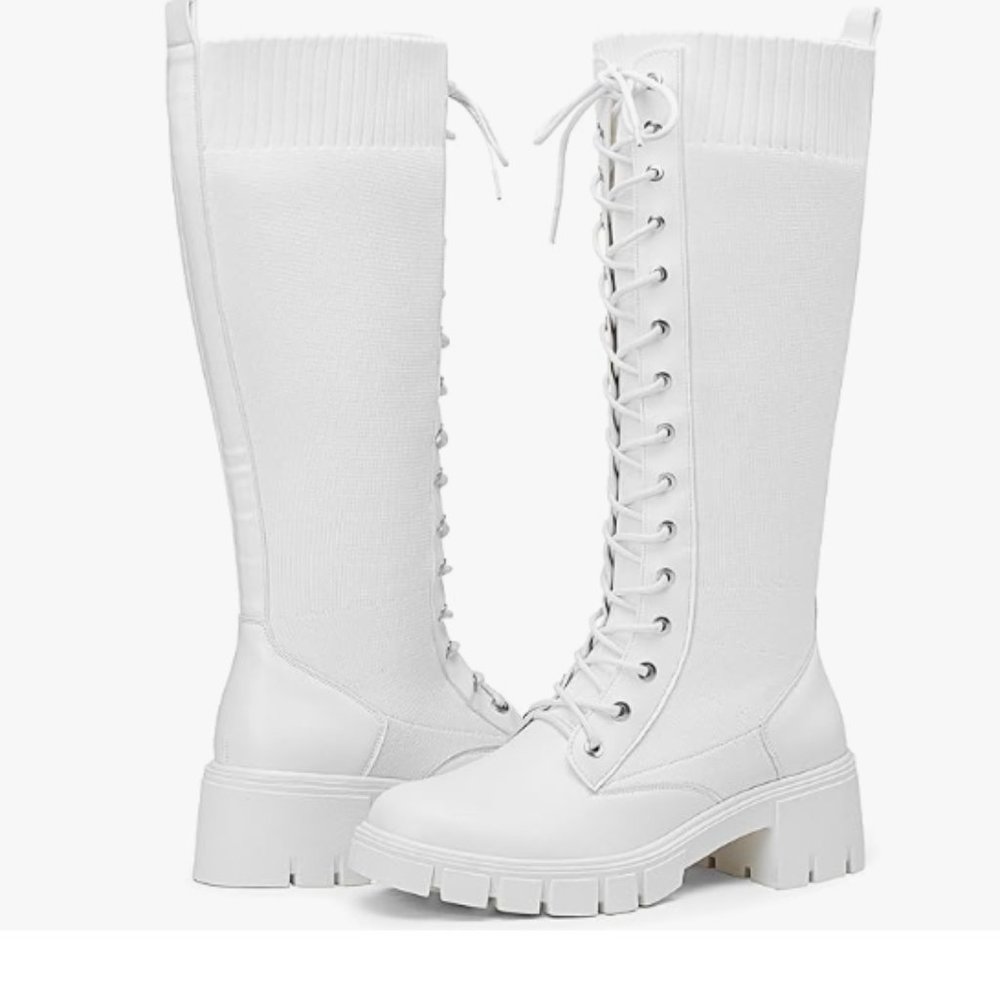 Women's Platform Combat Knee High Boots with Comfort Chunky Heel NWT